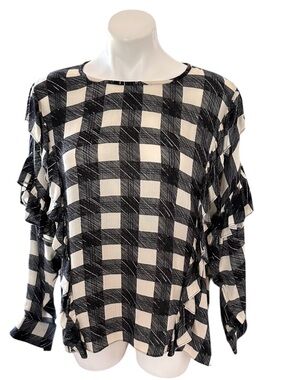 Adriano Goldschmeid Bijou Blouse Black/Cream Plaid Ruffled Long Sleeve Size XS
